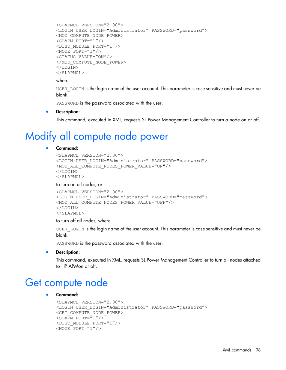 Modify all compute node power, Get compute node | HP ProLiant SL2500 Scalable System User Manual | Page 98 / 117