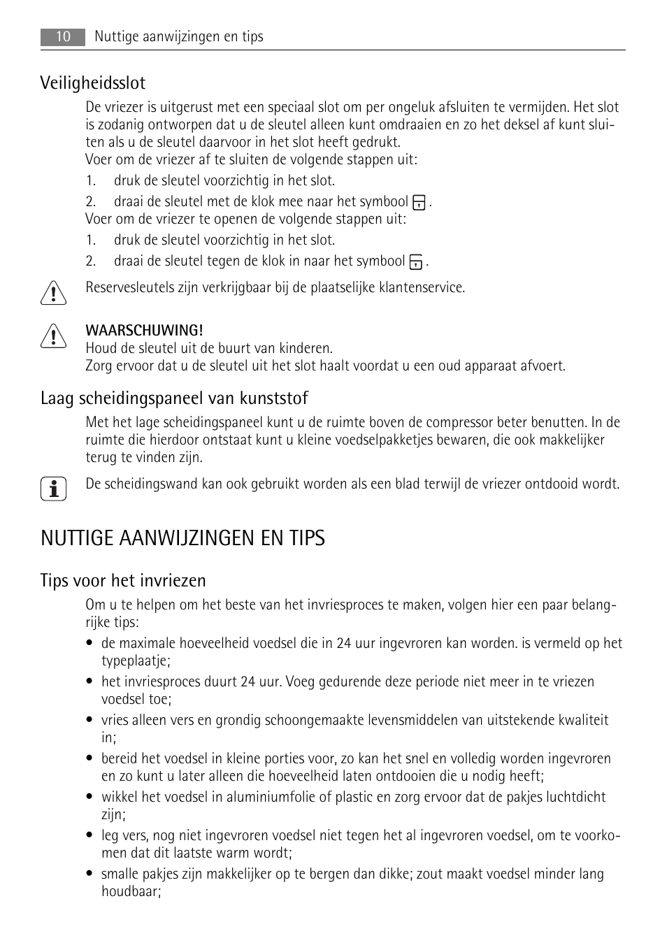 Nuttige aanwijzingen en tips, Veiligheidsslot, Laag scheidingspaneel van kunststof | Tips voor het invriezen | AEG A62700HLW0 User Manual | Page 10 / 72