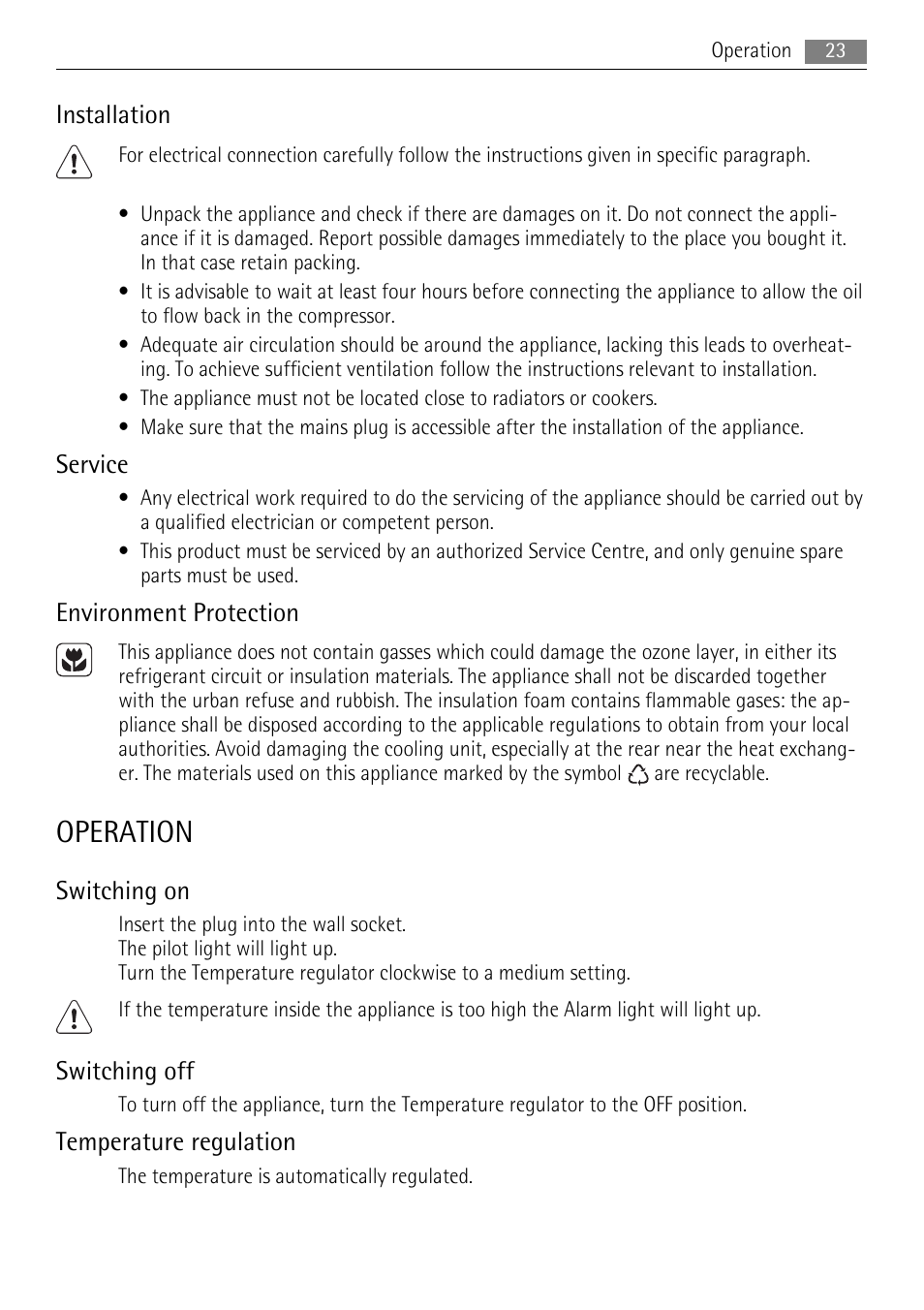 Operation, Installation, Service | Environment protection, Switching on, Switching off, Temperature regulation | AEG A62700HLW0 User Manual | Page 23 / 72