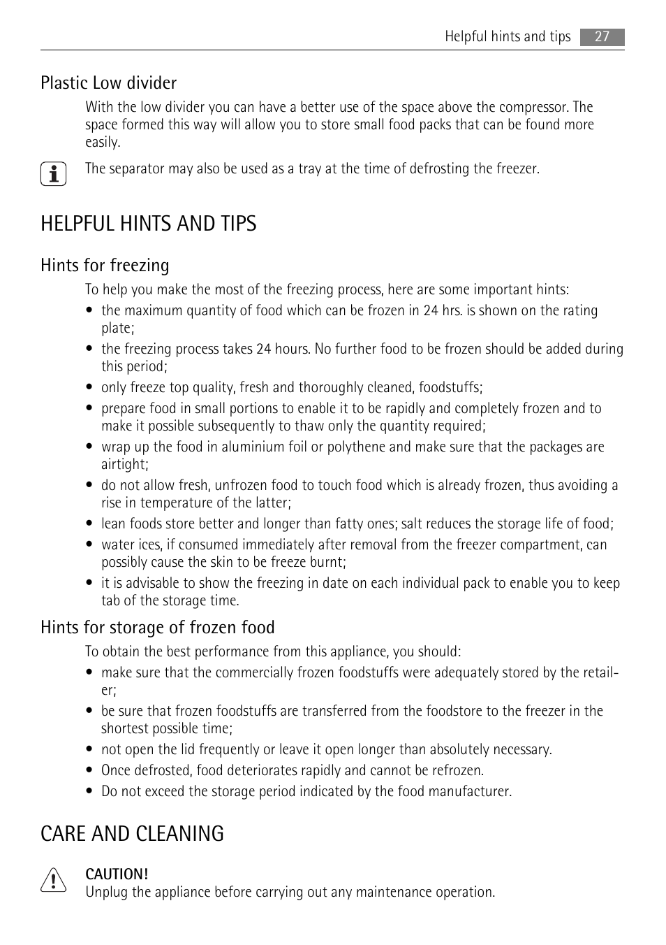 Helpful hints and tips, Care and cleaning, Plastic low divider | Hints for freezing, Hints for storage of frozen food | AEG A62700HLW0 User Manual | Page 27 / 72