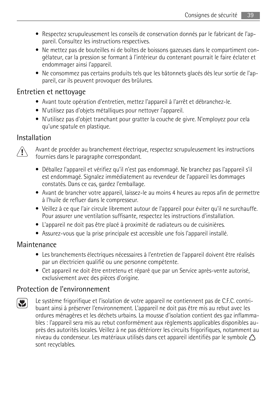 Entretien et nettoyage, Installation, Maintenance | Protection de l'environnement | AEG A62700HLW0 User Manual | Page 39 / 72