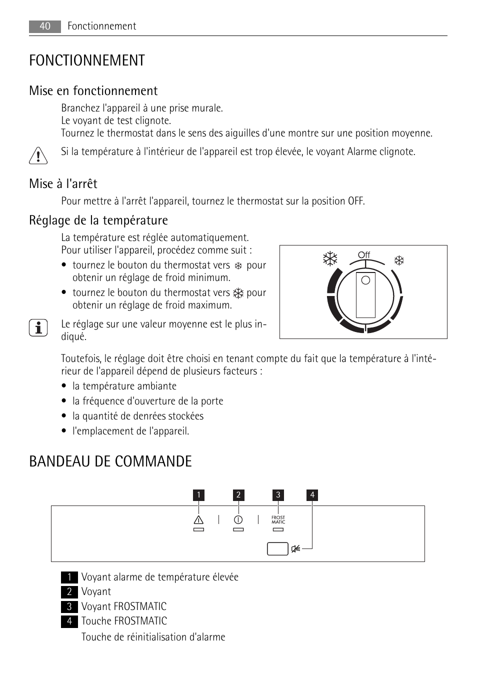 Fonctionnement, Bandeau de commande, Mise en fonctionnement | Mise à l'arrêt, Réglage de la température | AEG A62700HLW0 User Manual | Page 40 / 72