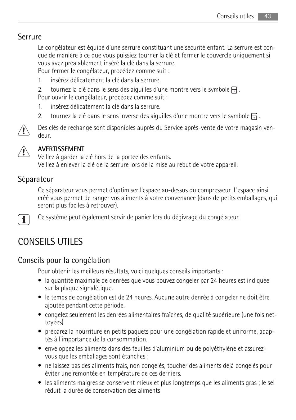 Conseils utiles, Serrure, Séparateur | Conseils pour la congélation | AEG A62700HLW0 User Manual | Page 43 / 72