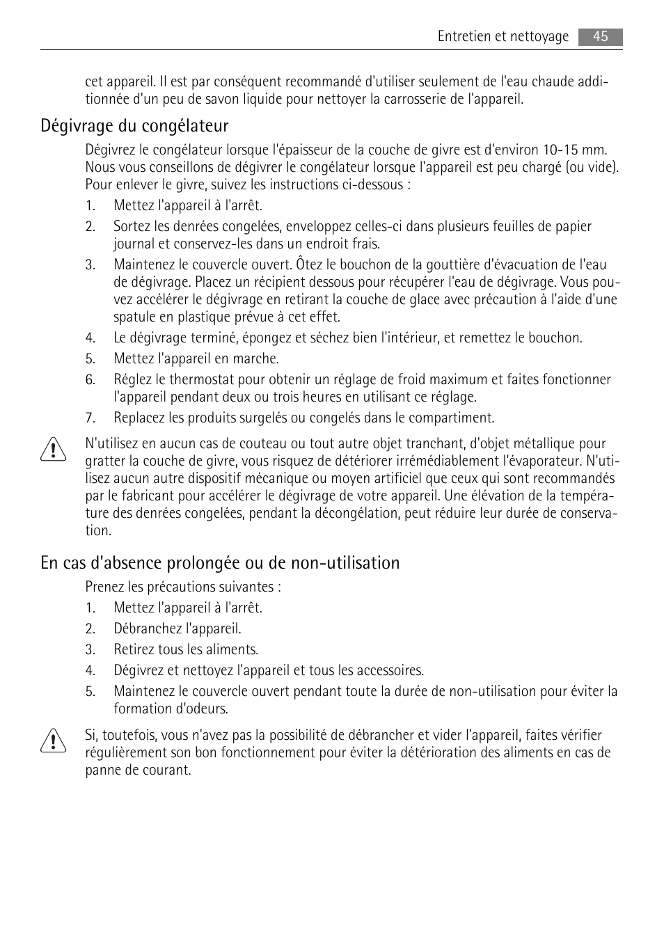 Dégivrage du congélateur, En cas d'absence prolongée ou de non-utilisation | AEG A62700HLW0 User Manual | Page 45 / 72