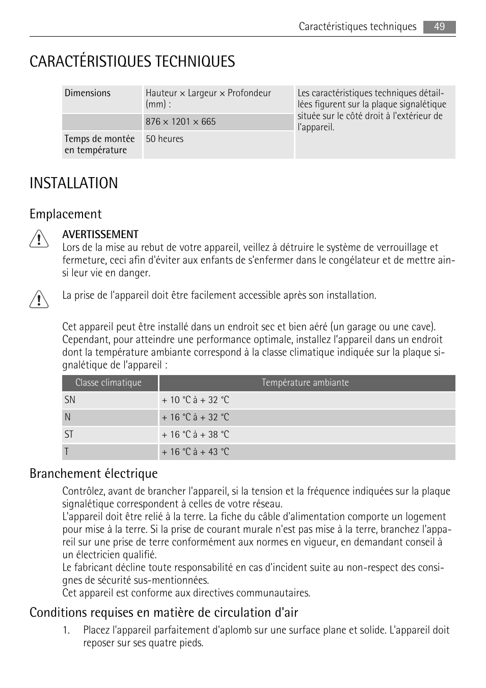 Caractéristiques techniques, Installation, Emplacement | Branchement électrique | AEG A62700HLW0 User Manual | Page 49 / 72