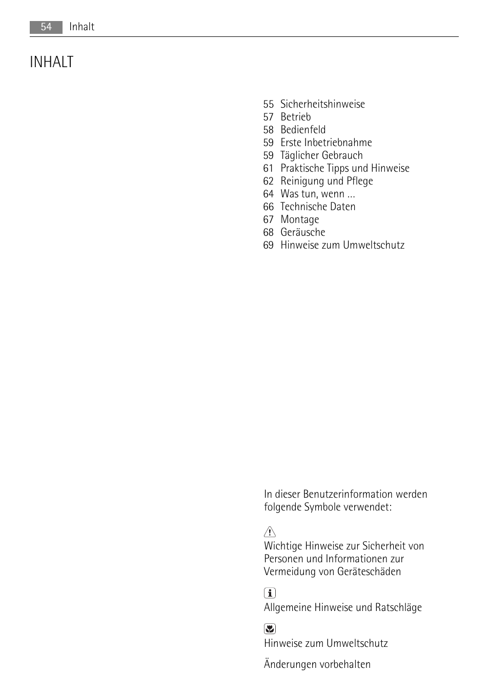 Inhalt | AEG A62700HLW0 User Manual | Page 54 / 72