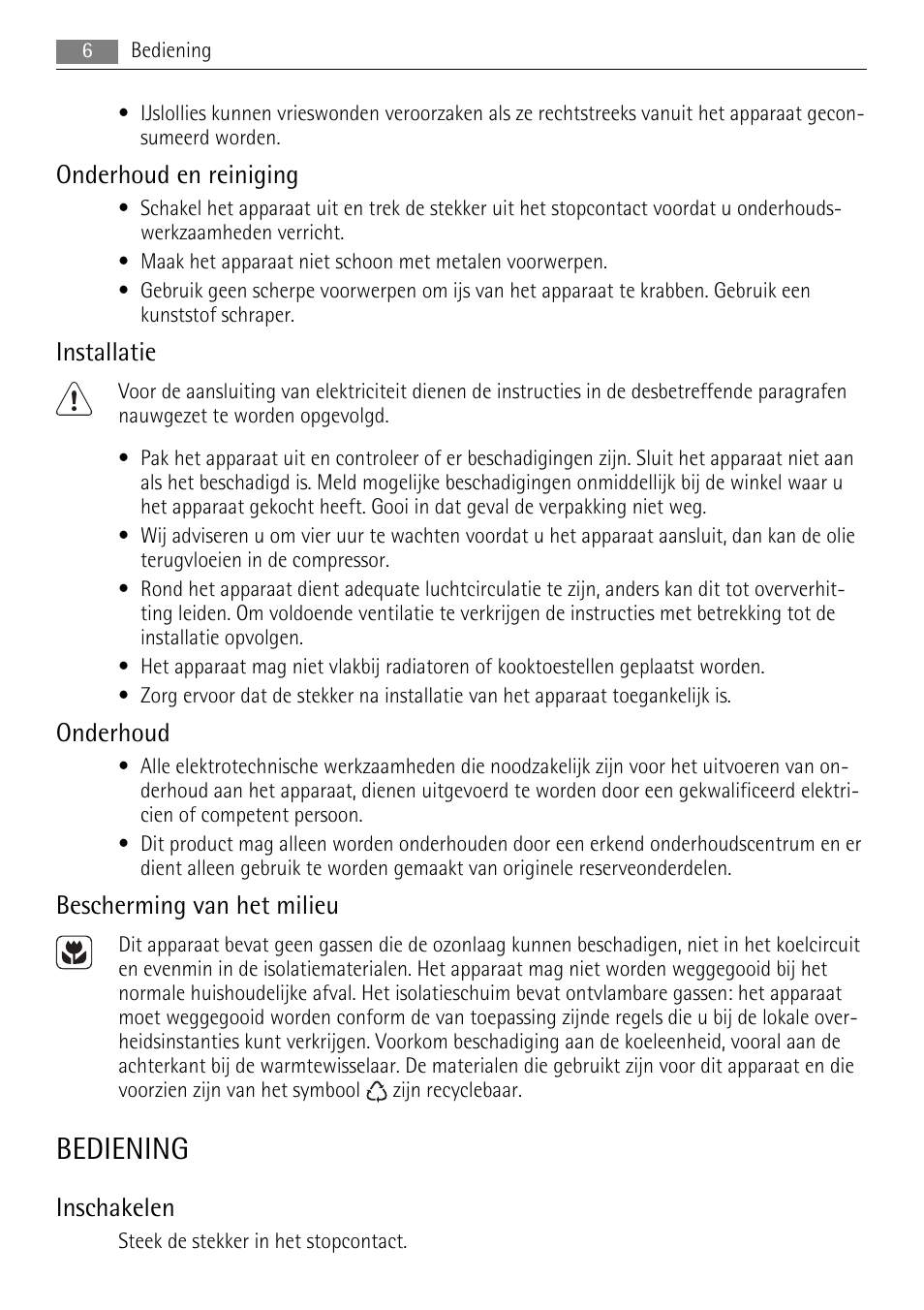 Bediening, Onderhoud en reiniging, Installatie | Onderhoud, Bescherming van het milieu, Inschakelen | AEG A62700HLW0 User Manual | Page 6 / 72