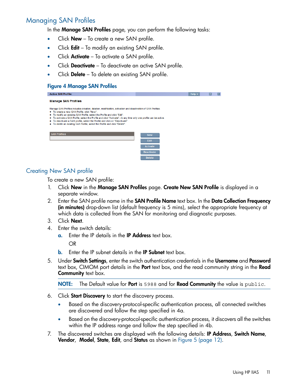 Managing san profiles, Creating new san profile | HP Intelligent Infrastructure Analyzer Software Licenses User Manual | Page 11 / 36