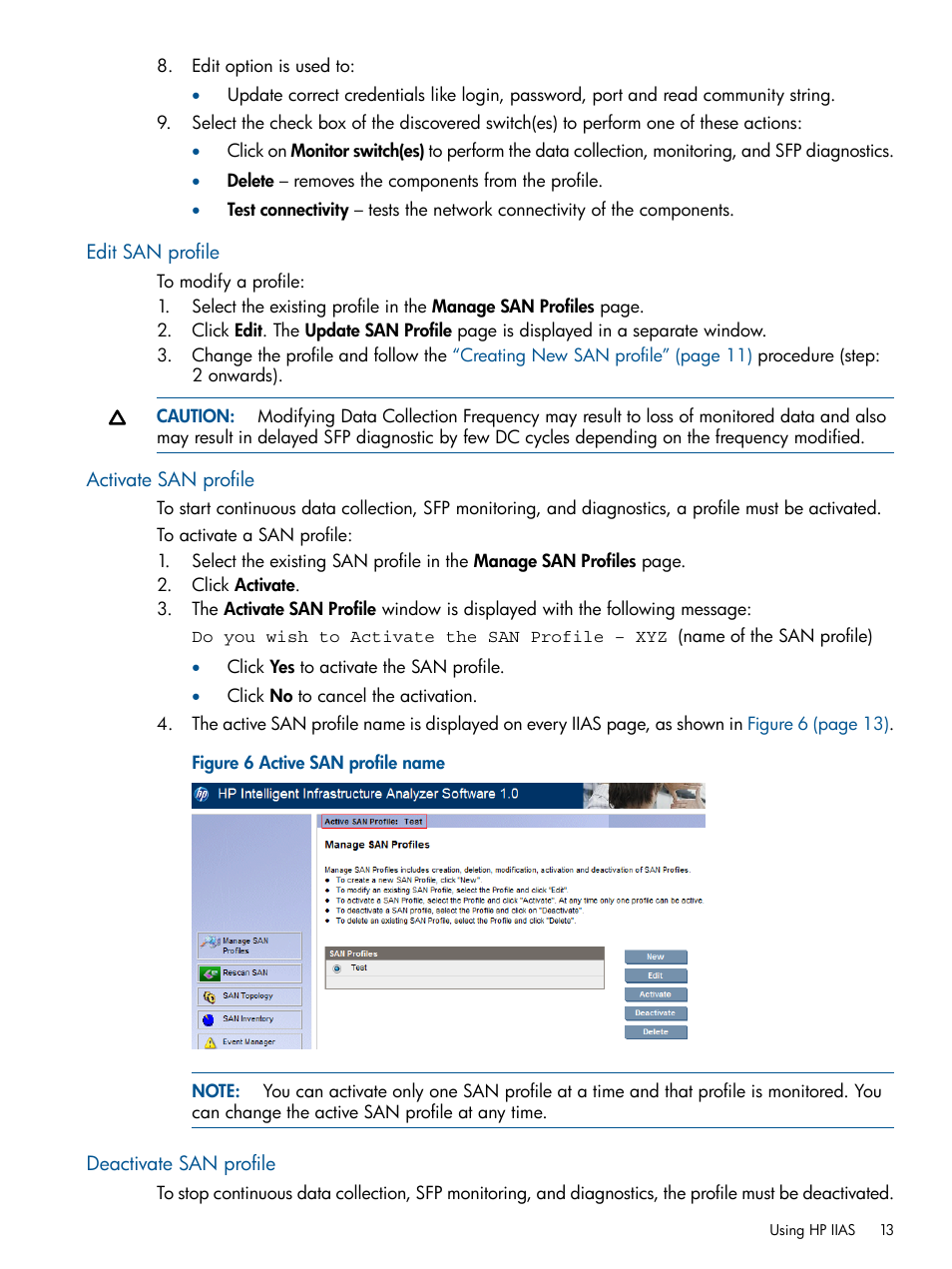 Edit san profile, Activate san profile, Deactivate san profile | HP Intelligent Infrastructure Analyzer Software Licenses User Manual | Page 13 / 36