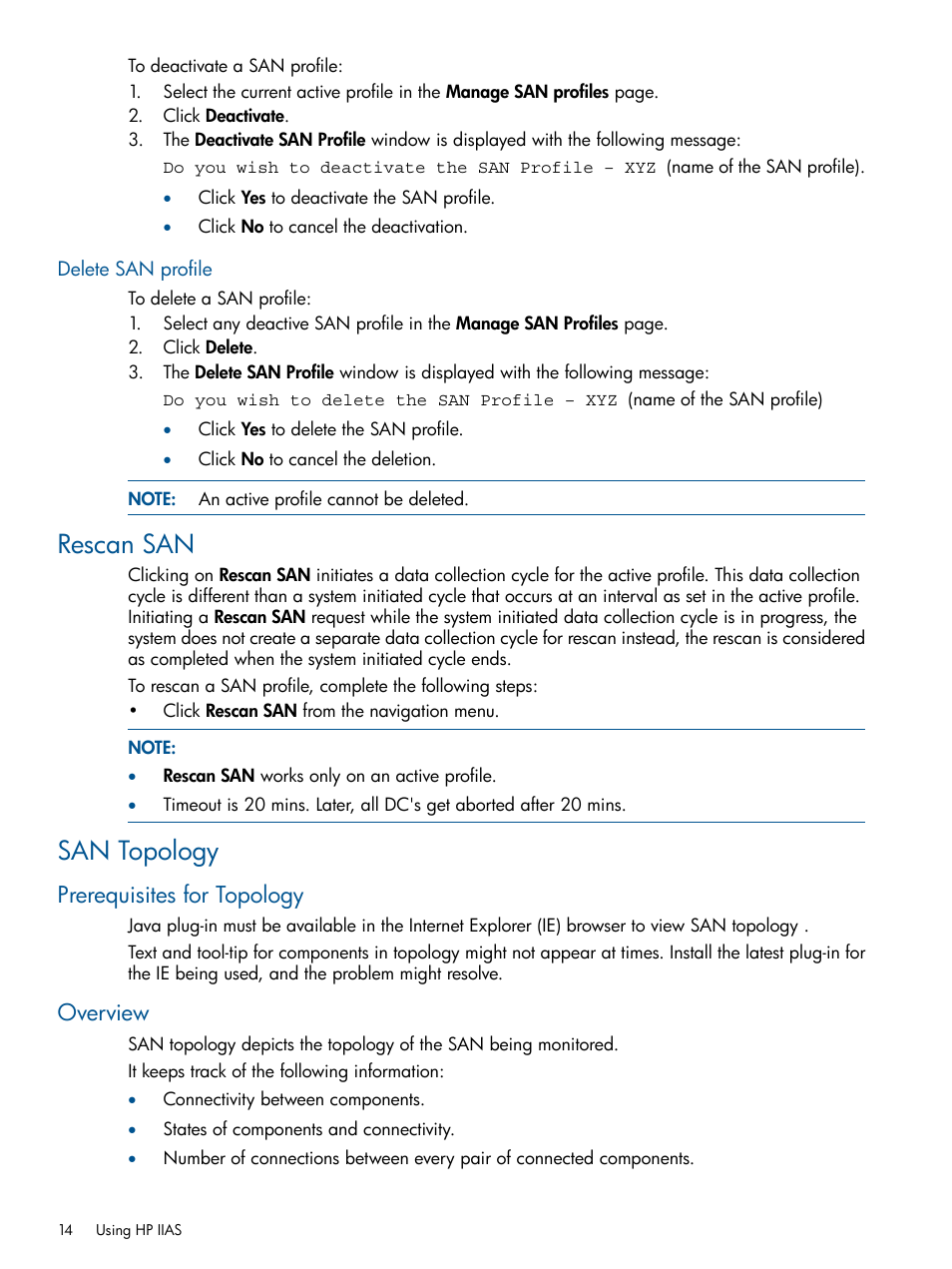 Delete san profile, Rescan san, San topology | Prerequisites for topology, Overview, Rescan san san topology, Prerequisites for topology overview | HP Intelligent Infrastructure Analyzer Software Licenses User Manual | Page 14 / 36