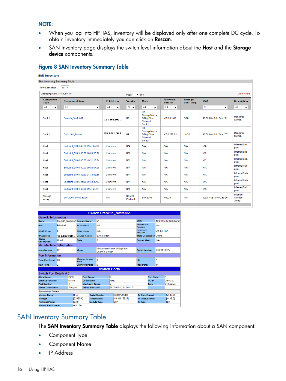 San inventory summary table | HP Intelligent Infrastructure Analyzer Software Licenses User Manual | Page 16 / 36