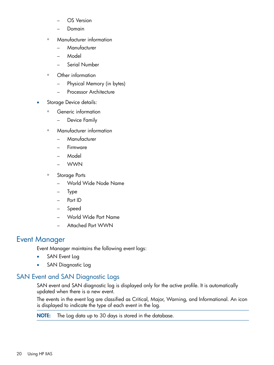 Event manager, San event and san diagnostic logs | HP Intelligent Infrastructure Analyzer Software Licenses User Manual | Page 20 / 36