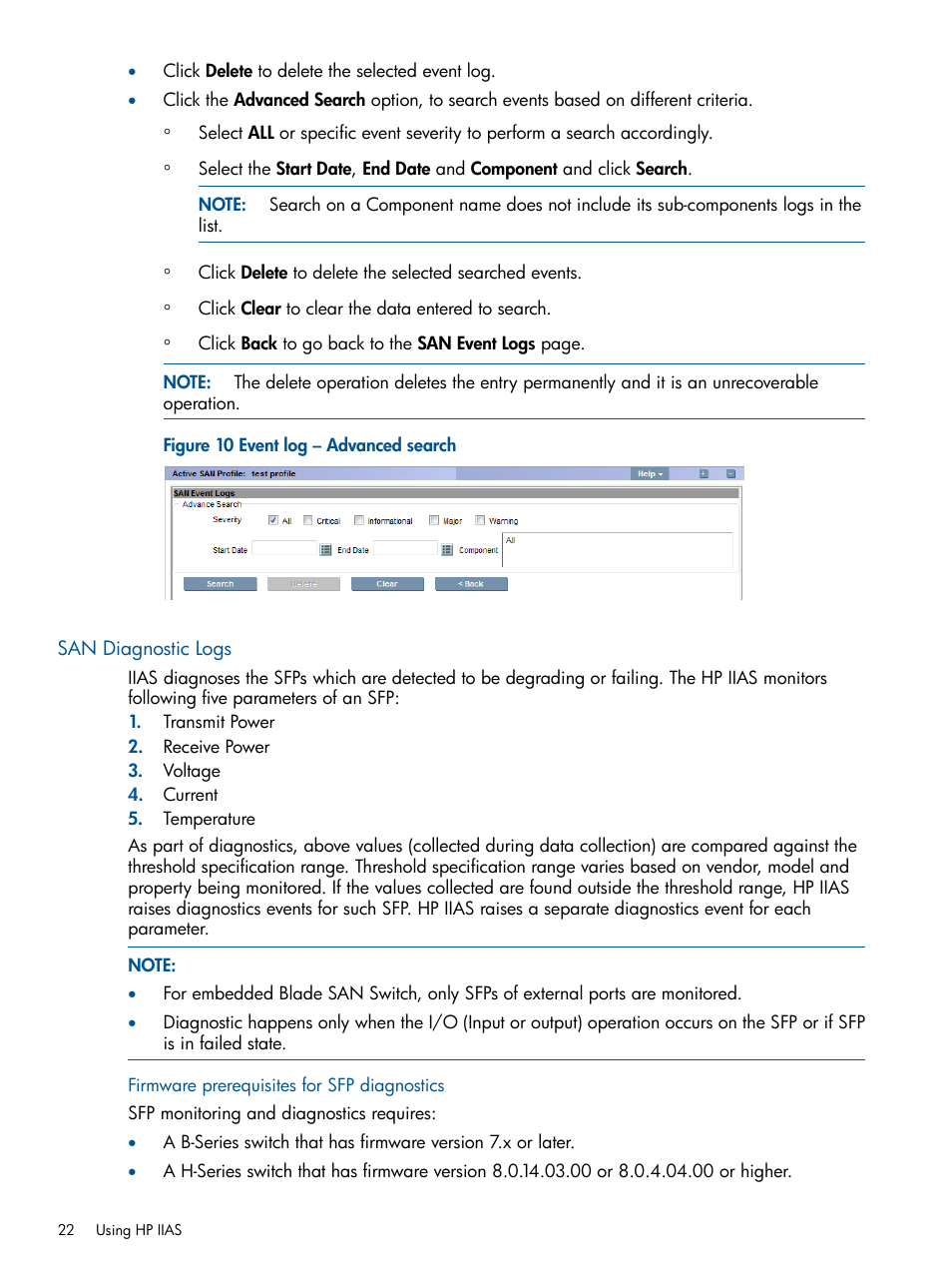 San diagnostic logs, Firmware prerequisites for sfp diagnostics, Firmware | Firmware prerequisites | HP Intelligent Infrastructure Analyzer Software Licenses User Manual | Page 22 / 36