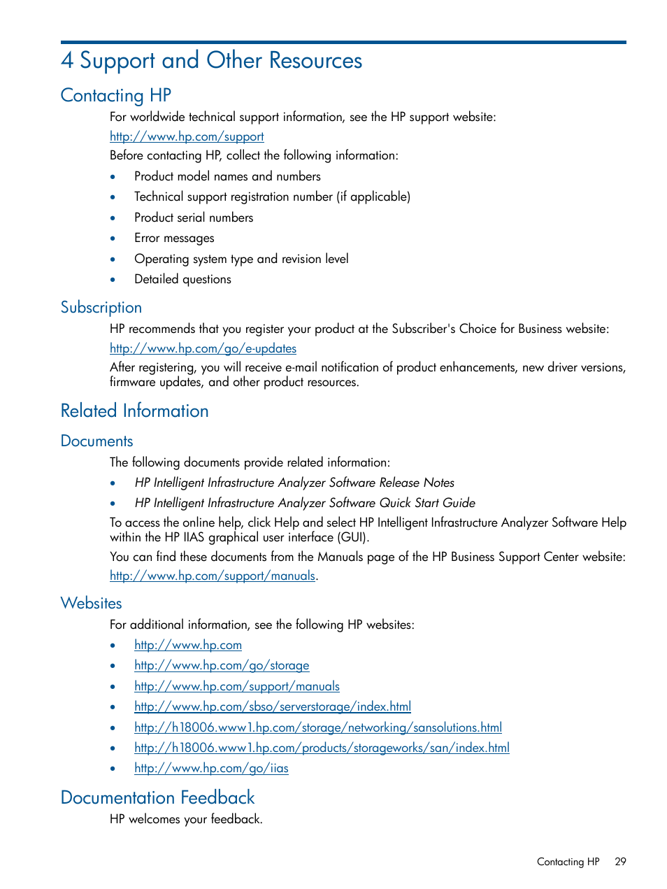 4 support and other resources, Contacting hp, Subscription | Related information, Documents, Websites, Documentation feedback | HP Intelligent Infrastructure Analyzer Software Licenses User Manual | Page 29 / 36