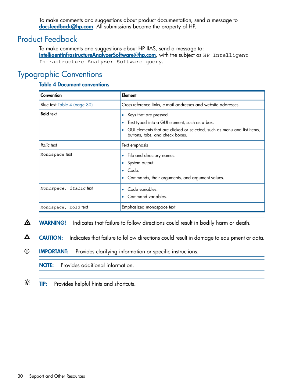 Product feedback, Typographic conventions, Product feedback typographic conventions | HP Intelligent Infrastructure Analyzer Software Licenses User Manual | Page 30 / 36