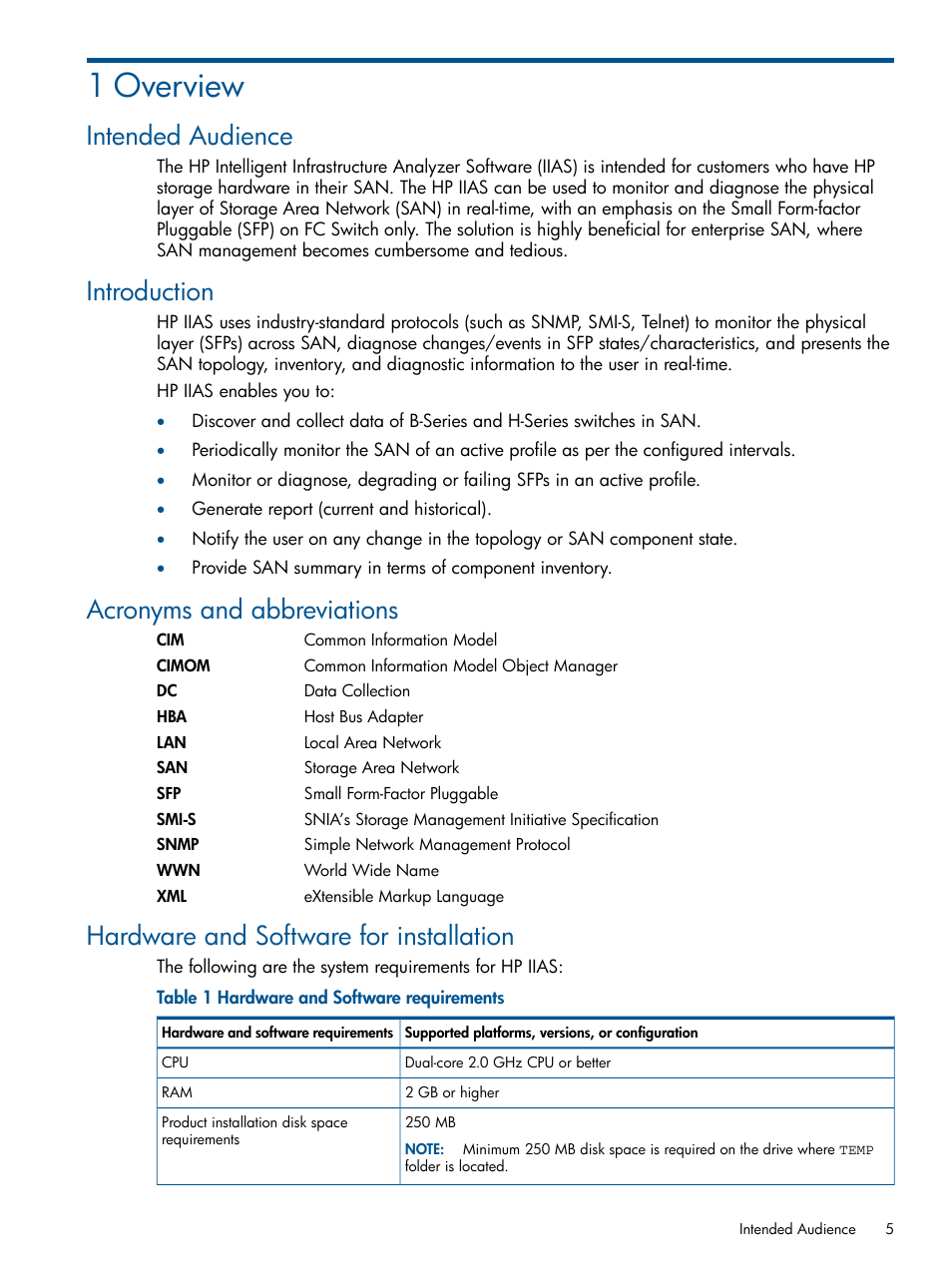 1 overview, Intended audience, Introduction | Acronyms and abbreviations, Hardware and software for installation | HP Intelligent Infrastructure Analyzer Software Licenses User Manual | Page 5 / 36