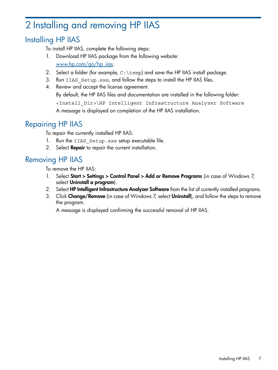 2 installing and removing hp iias, Installing hp iias, Repairing hp iias | Removing hp iias | HP Intelligent Infrastructure Analyzer Software Licenses User Manual | Page 7 / 36