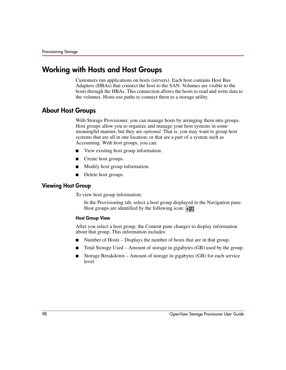 Working with hosts and host groups, About host groups, Viewing host group | Host group view | HP OpenView Storage Provisioner Software License User Manual | Page 100 / 172