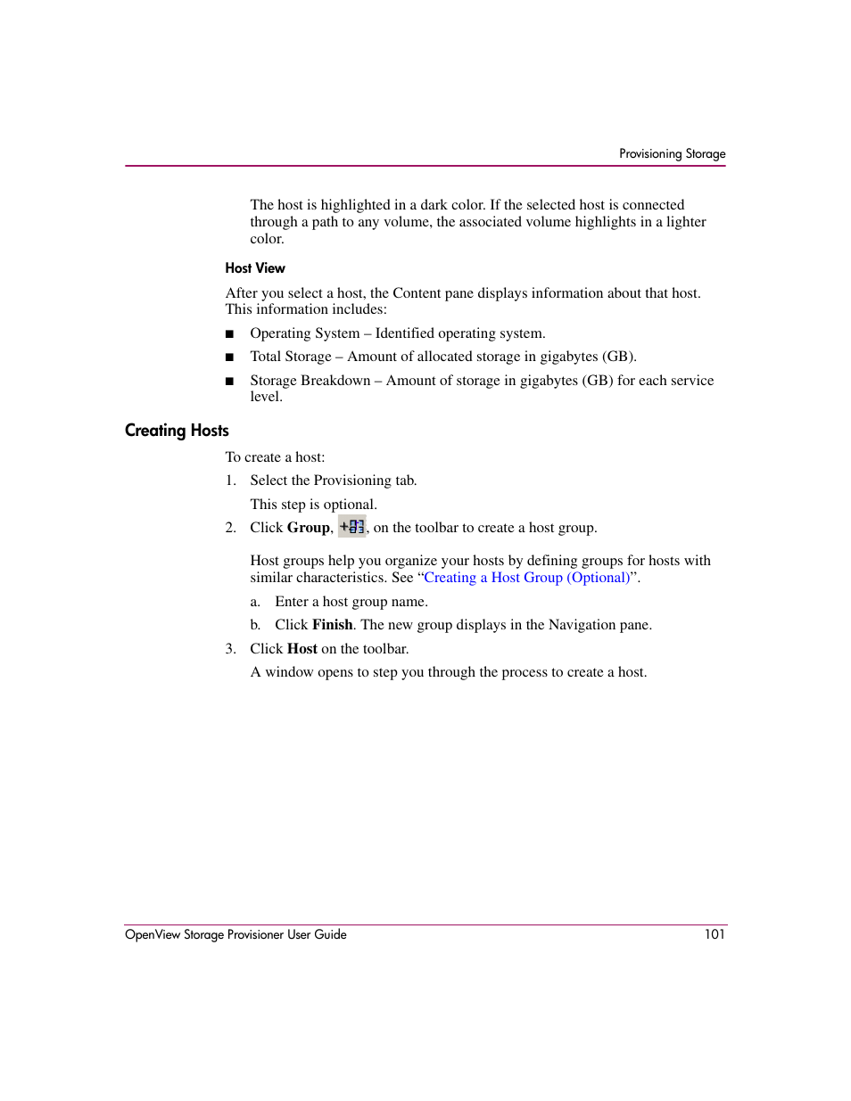 Creating hosts, Host view | HP OpenView Storage Provisioner Software License User Manual | Page 103 / 172