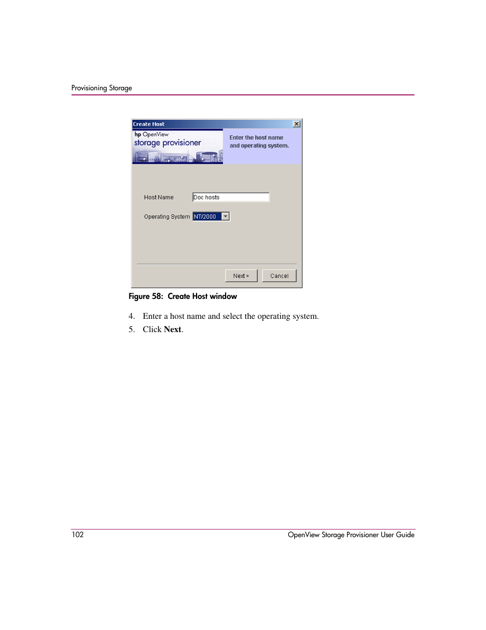 58 create host window | HP OpenView Storage Provisioner Software License User Manual | Page 104 / 172