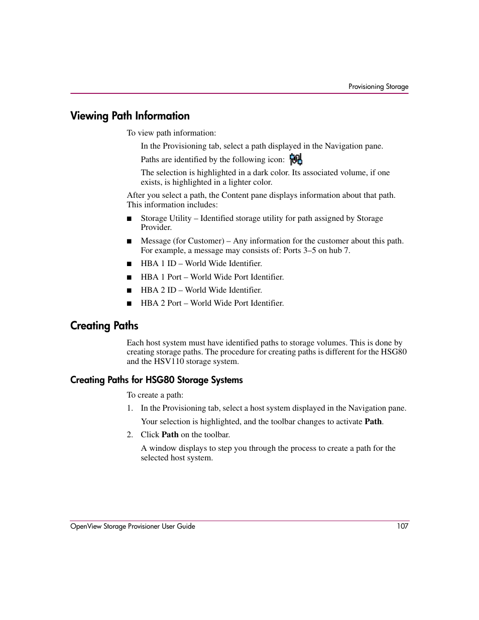 Viewing path information, Creating paths, Creating paths for hsg80 storage systems | Viewing path information creating paths | HP OpenView Storage Provisioner Software License User Manual | Page 109 / 172