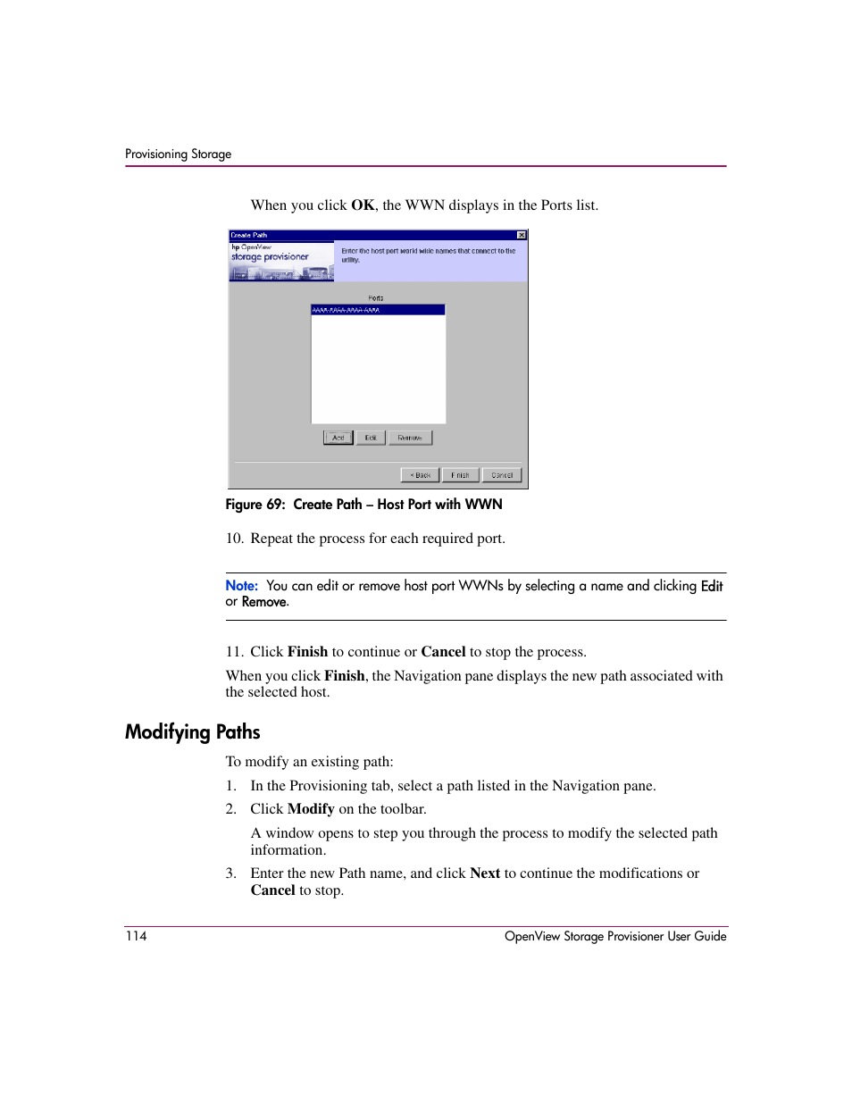 Modifying paths, 69 create path – host port with wwn | HP OpenView Storage Provisioner Software License User Manual | Page 116 / 172