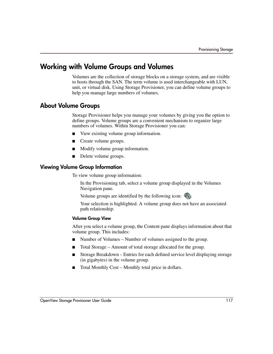 Working with volume groups and volumes, About volume groups, Viewing volume group information | Volume group view | HP OpenView Storage Provisioner Software License User Manual | Page 119 / 172