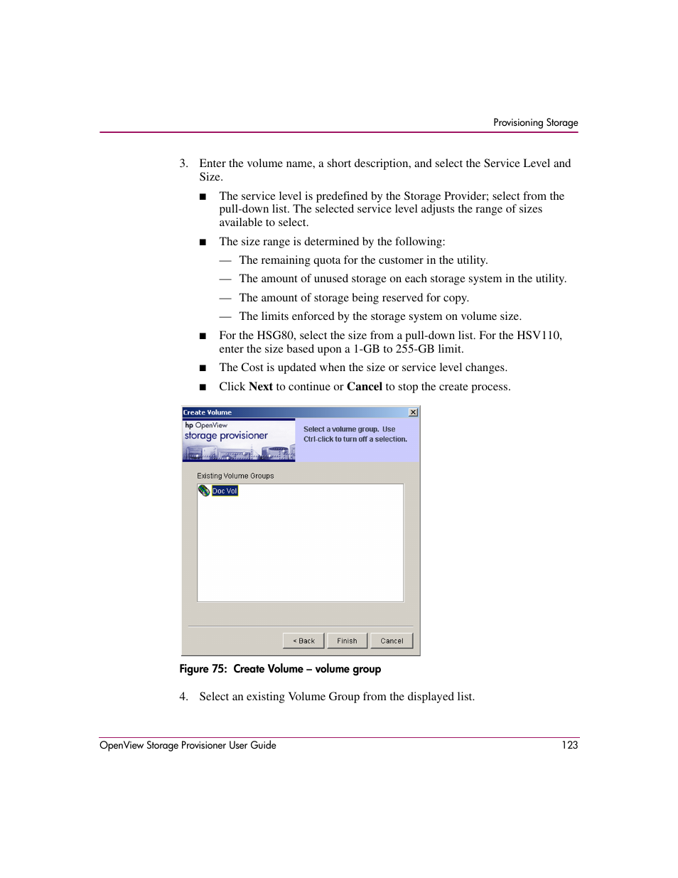 75 create volume – volume group | HP OpenView Storage Provisioner Software License User Manual | Page 125 / 172