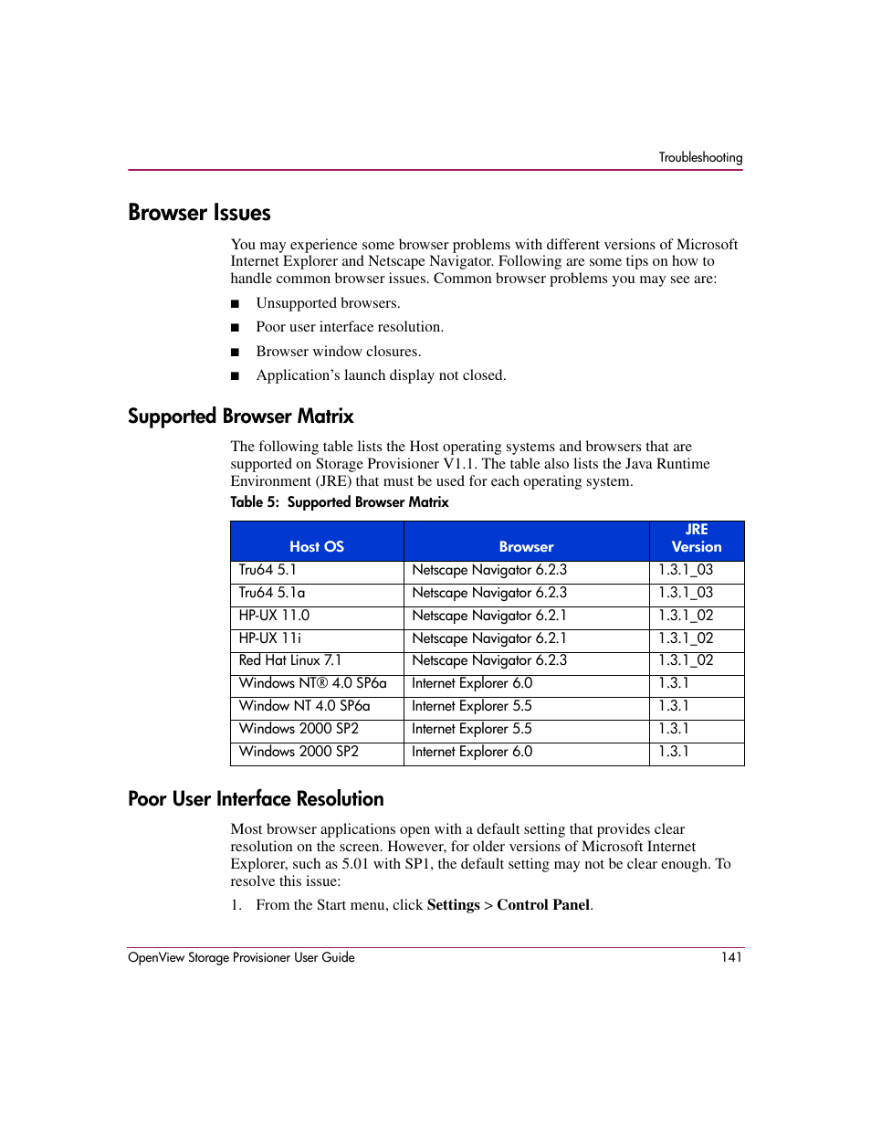 Browser issues, Supported browser matrix, Poor user interface resolution | 5 supported browser matrix | HP OpenView Storage Provisioner Software License User Manual | Page 143 / 172