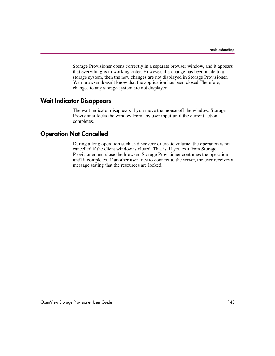 Wait indicator disappears, Operation not cancelled, Wait indicator disappears operation not cancelled | HP OpenView Storage Provisioner Software License User Manual | Page 145 / 172