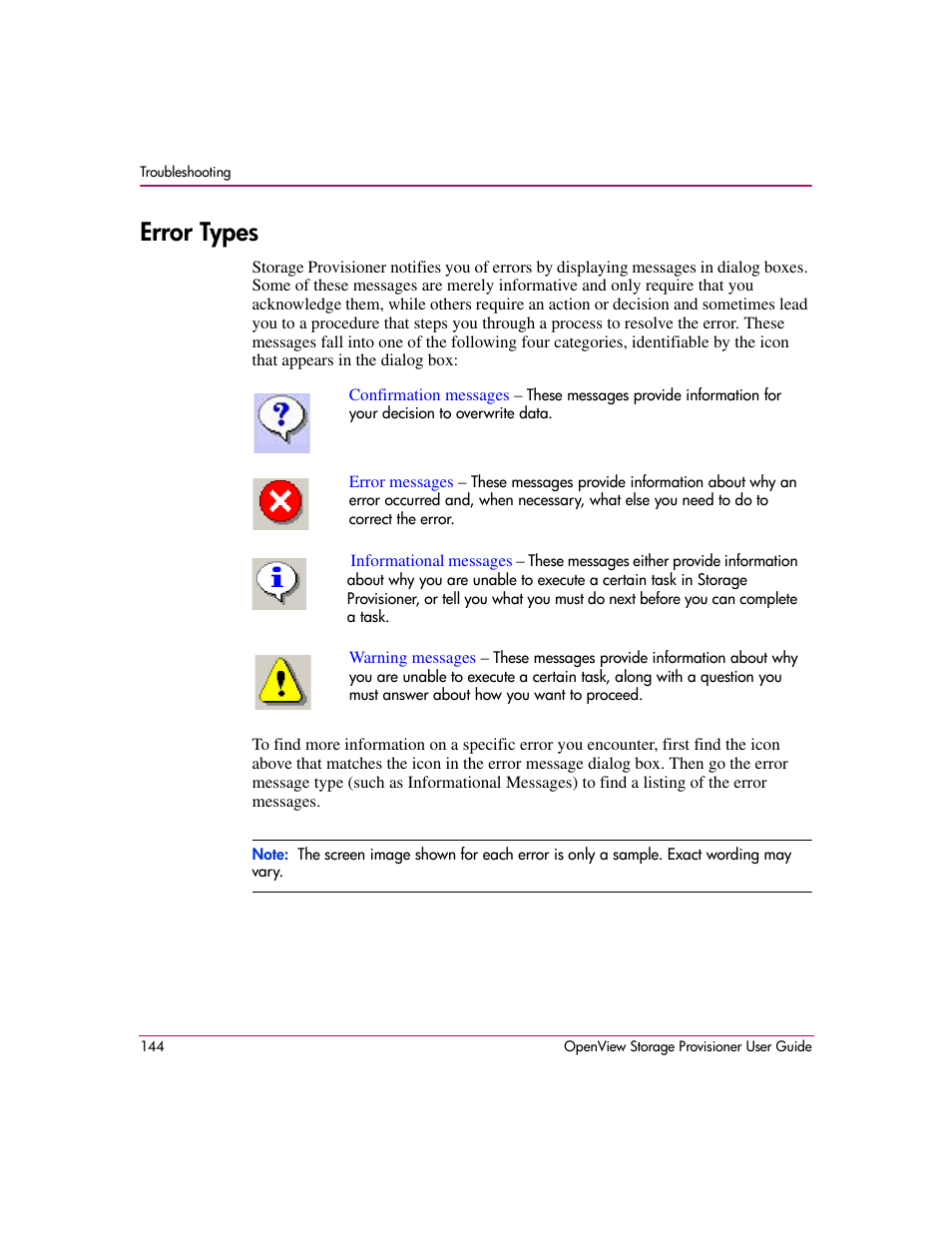 Error types | HP OpenView Storage Provisioner Software License User Manual | Page 146 / 172