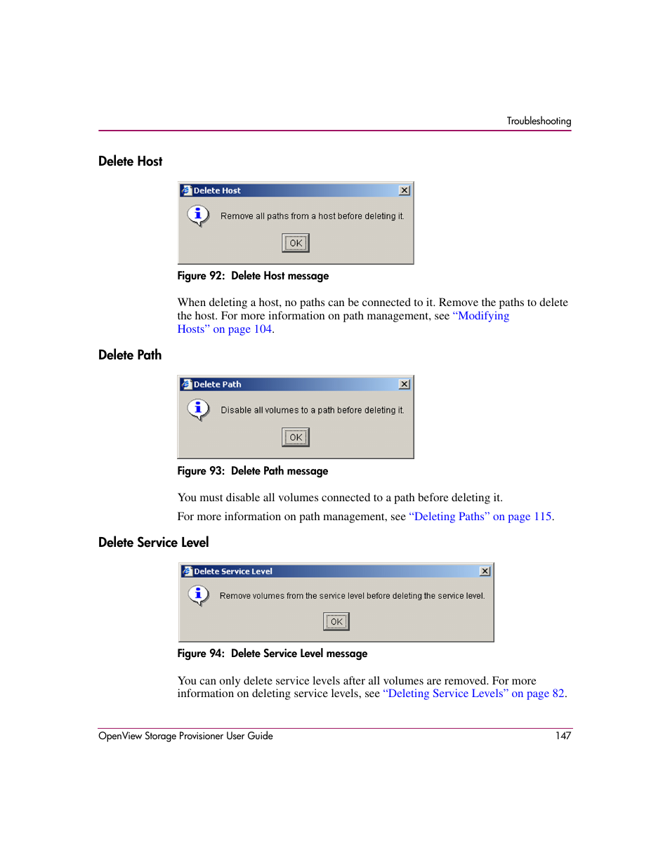 Delete host, Delete path, Delete service level | Delete host delete path delete service level | HP OpenView Storage Provisioner Software License User Manual | Page 149 / 172