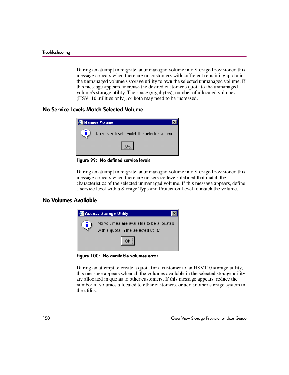 No service levels match selected volume, No volumes available | HP OpenView Storage Provisioner Software License User Manual | Page 152 / 172