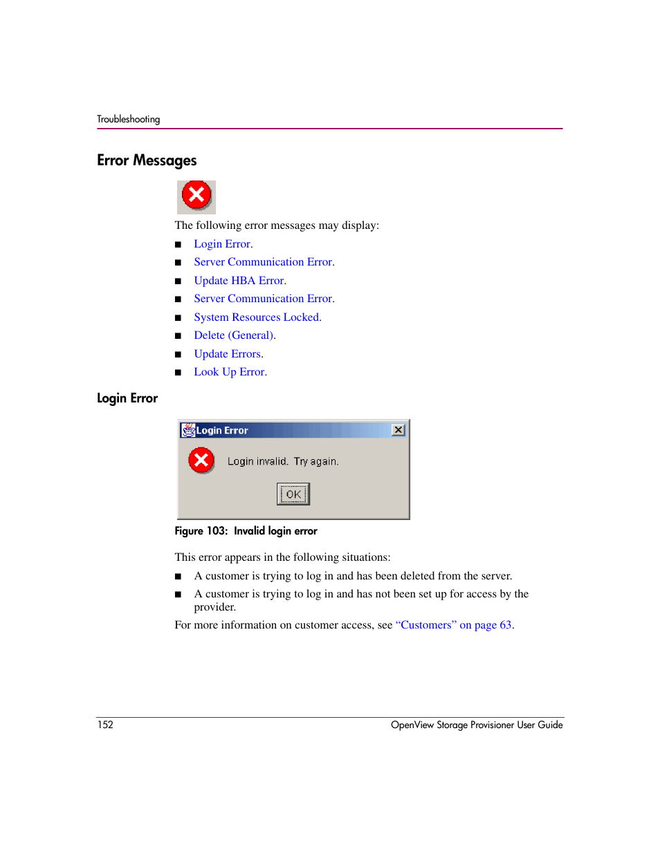 Error messages, Login error, 103 invalid login error | HP OpenView Storage Provisioner Software License User Manual | Page 154 / 172