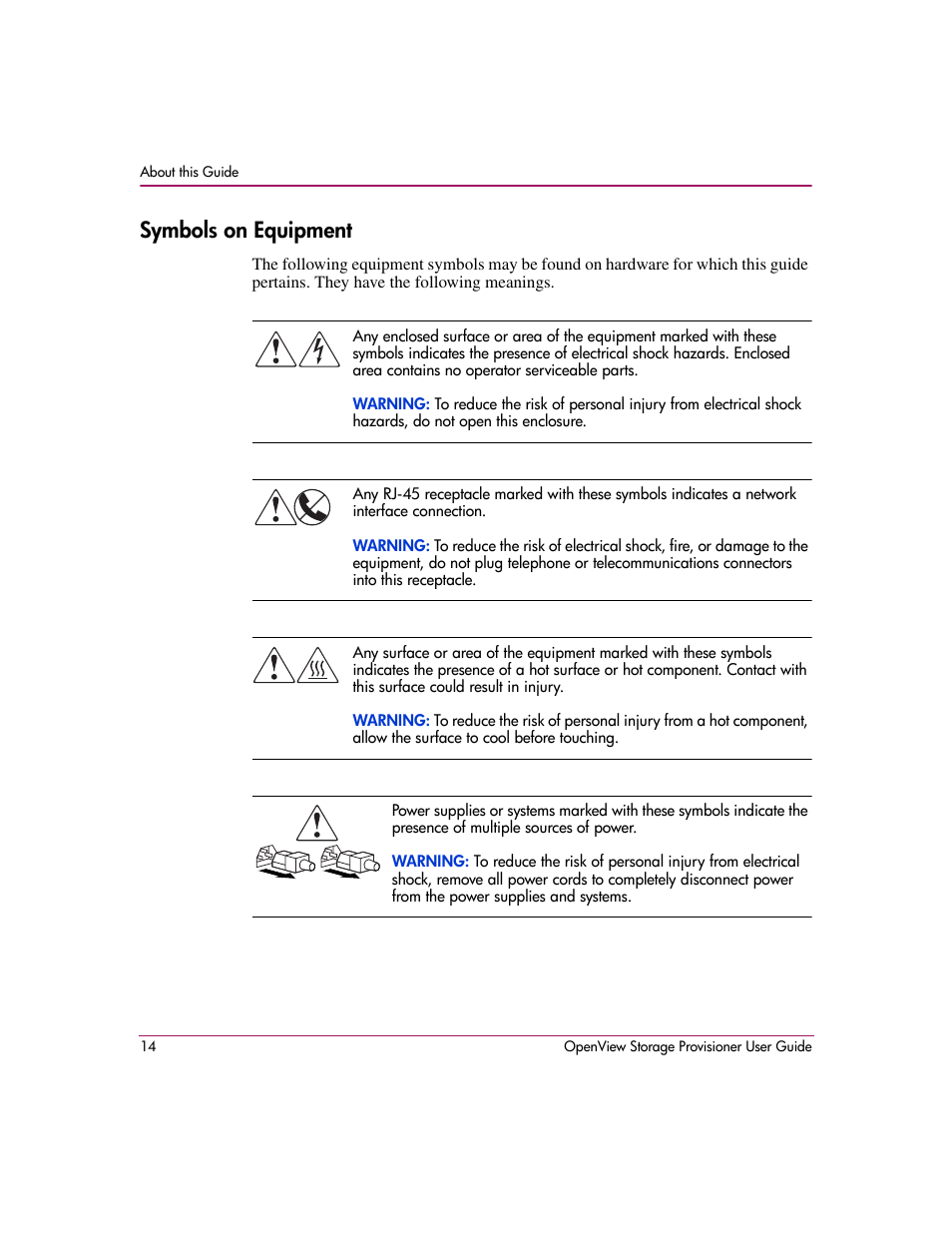 Symbols on equipment | HP OpenView Storage Provisioner Software License User Manual | Page 16 / 172