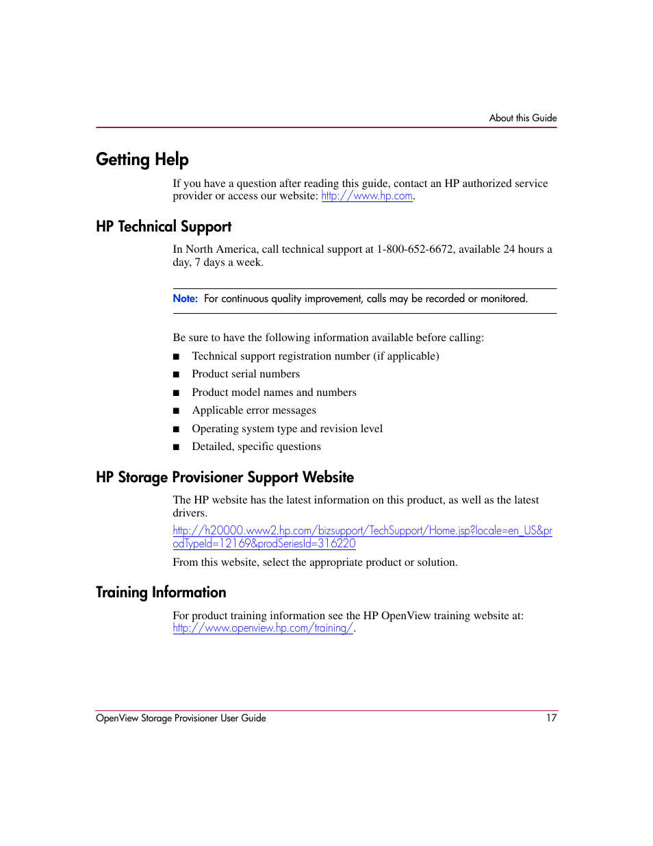 Getting help, Hp technical support, Hp storage provisioner support website | Training information | HP OpenView Storage Provisioner Software License User Manual | Page 19 / 172