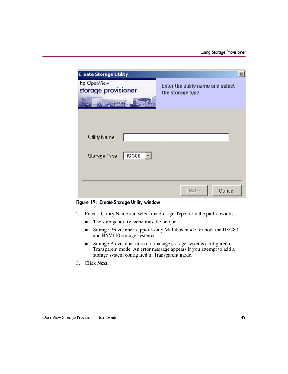 19 create storage utility window | HP OpenView Storage Provisioner Software License User Manual | Page 51 / 172