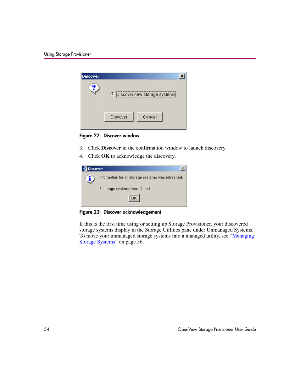 22 discover window 23 discover acknowledgement | HP OpenView Storage Provisioner Software License User Manual | Page 56 / 172