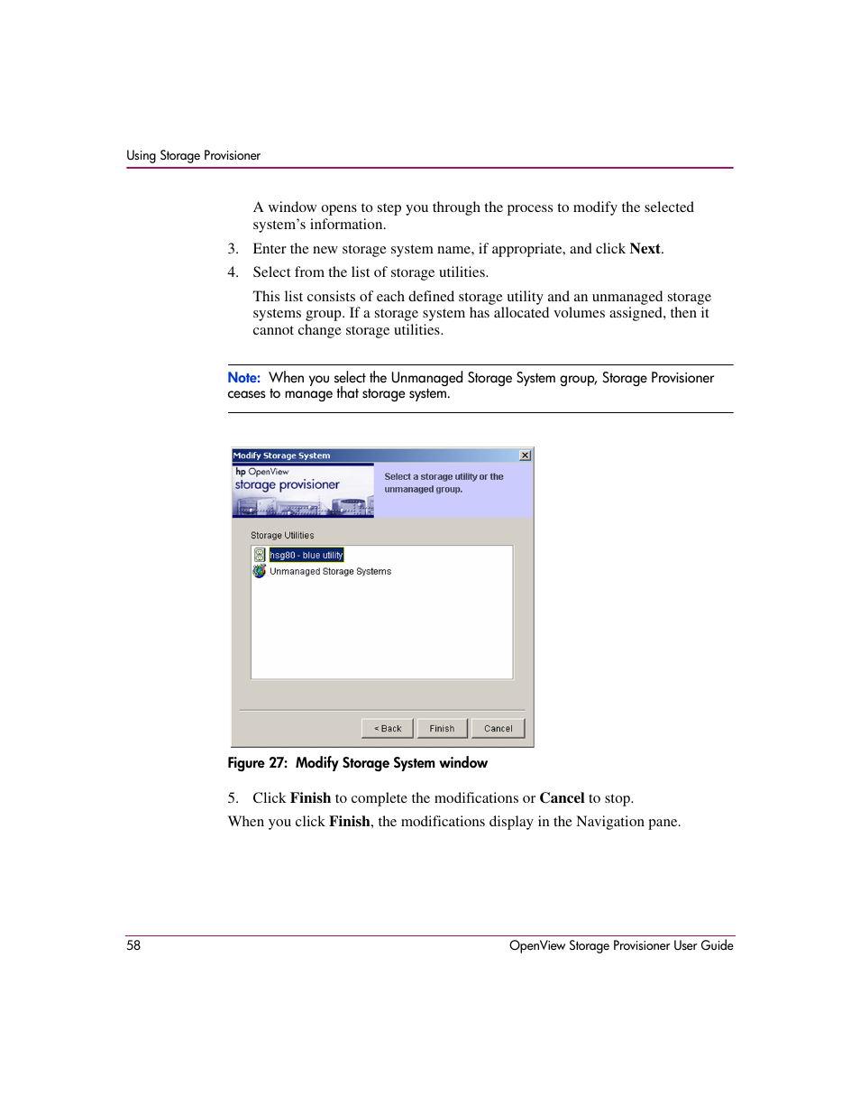 27 modify storage system window | HP OpenView Storage Provisioner Software License User Manual | Page 60 / 172