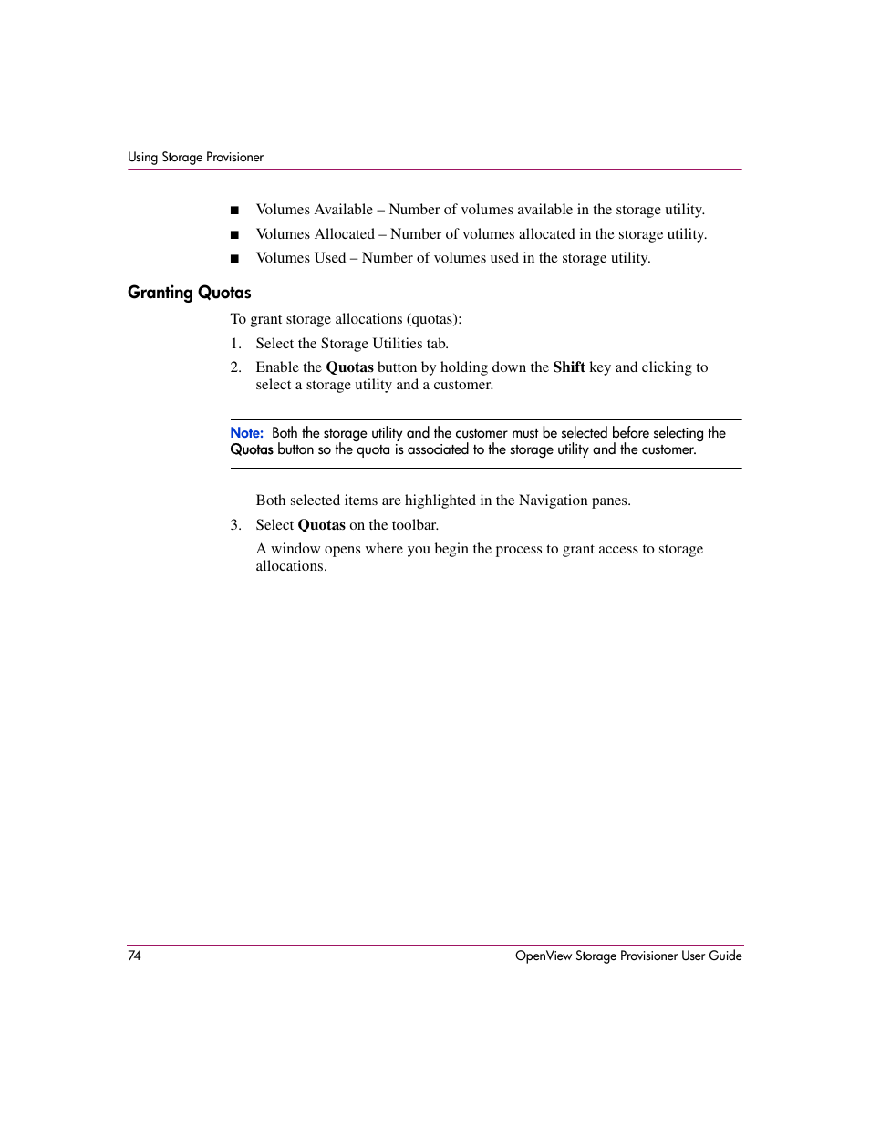 Granting quotas | HP OpenView Storage Provisioner Software License User Manual | Page 76 / 172
