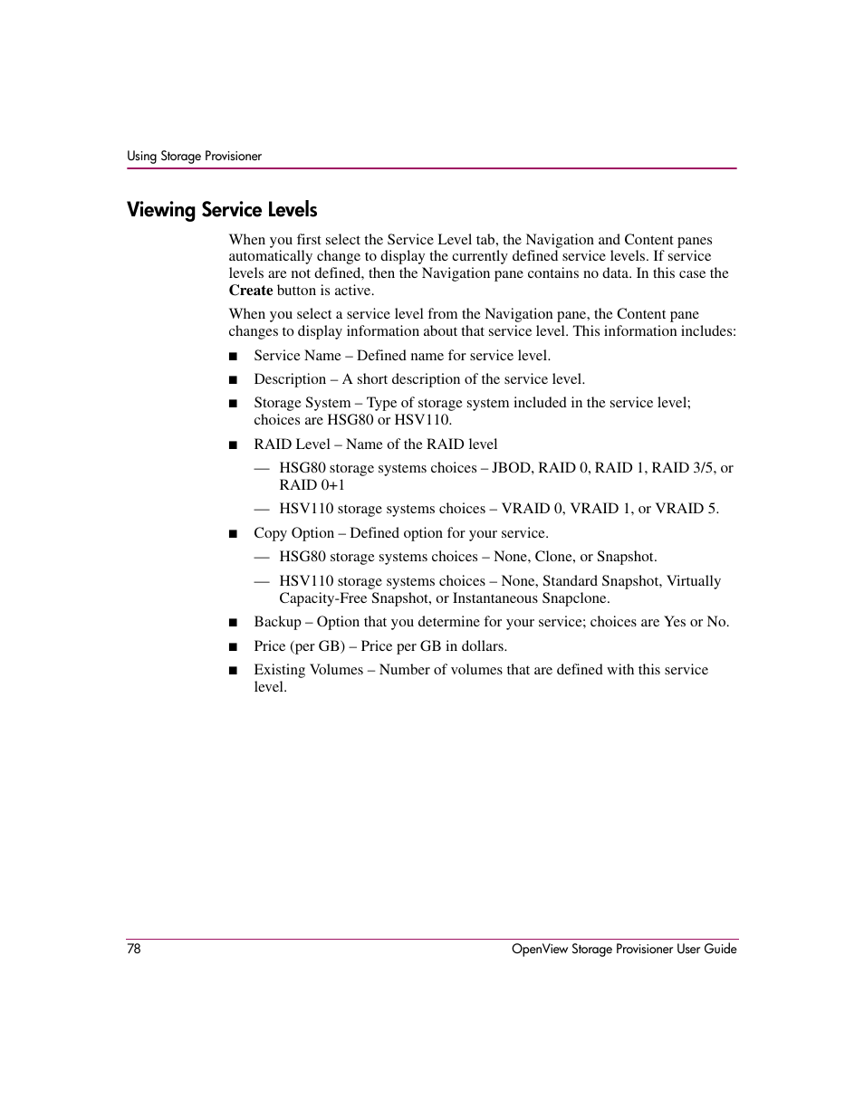 Viewing service levels | HP OpenView Storage Provisioner Software License User Manual | Page 80 / 172