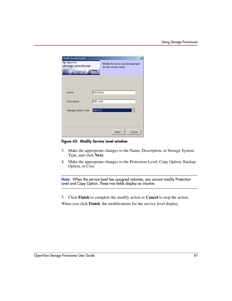 43 modify service level window | HP OpenView Storage Provisioner Software License User Manual | Page 83 / 172