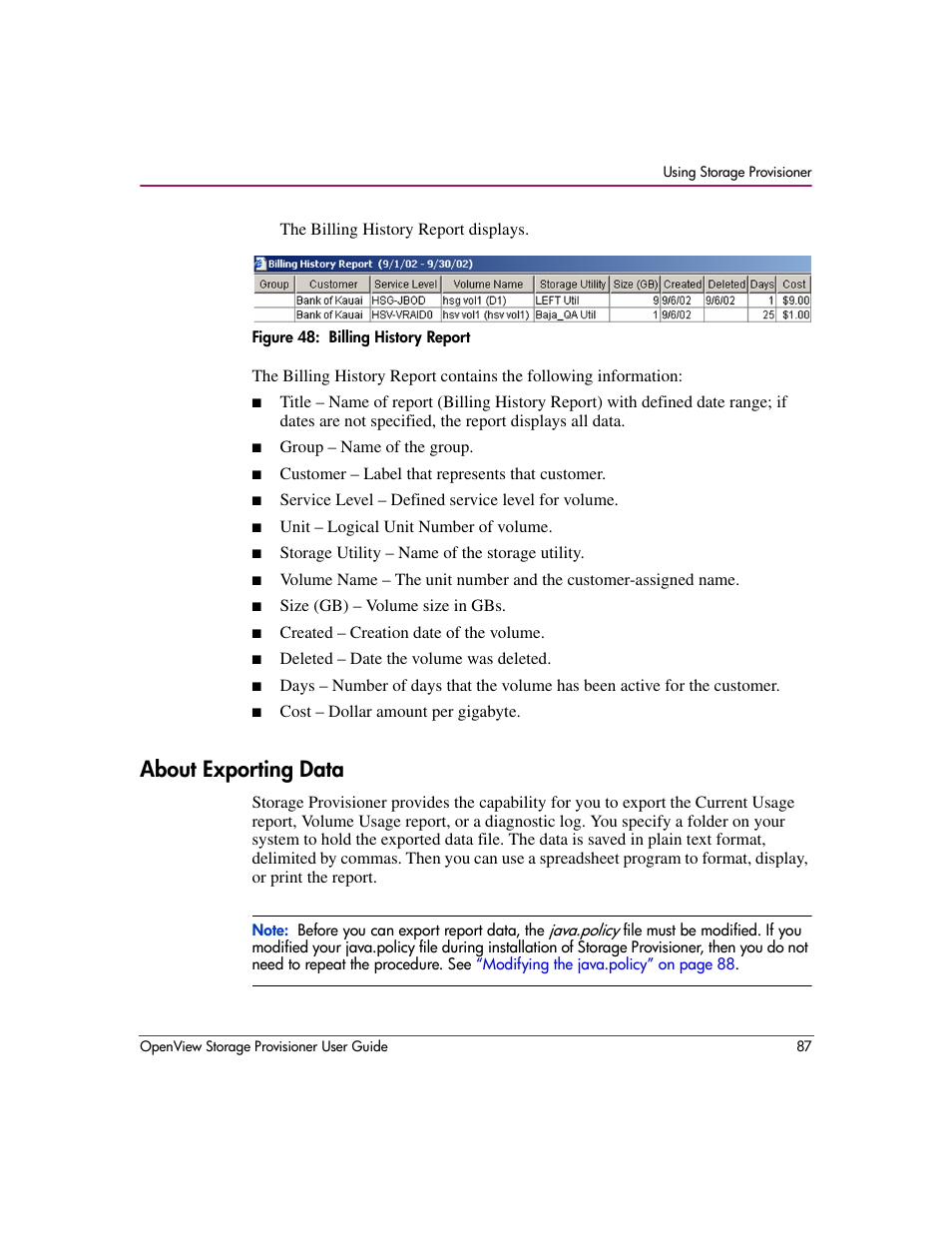 About exporting data, 48 billing history report | HP OpenView Storage Provisioner Software License User Manual | Page 89 / 172