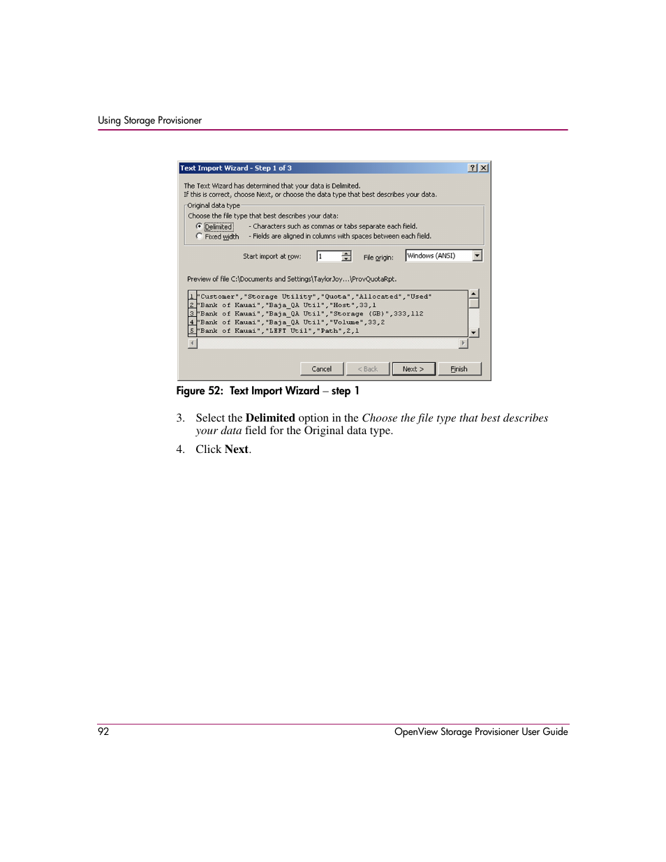52 text import wizard – step 1 | HP OpenView Storage Provisioner Software License User Manual | Page 94 / 172