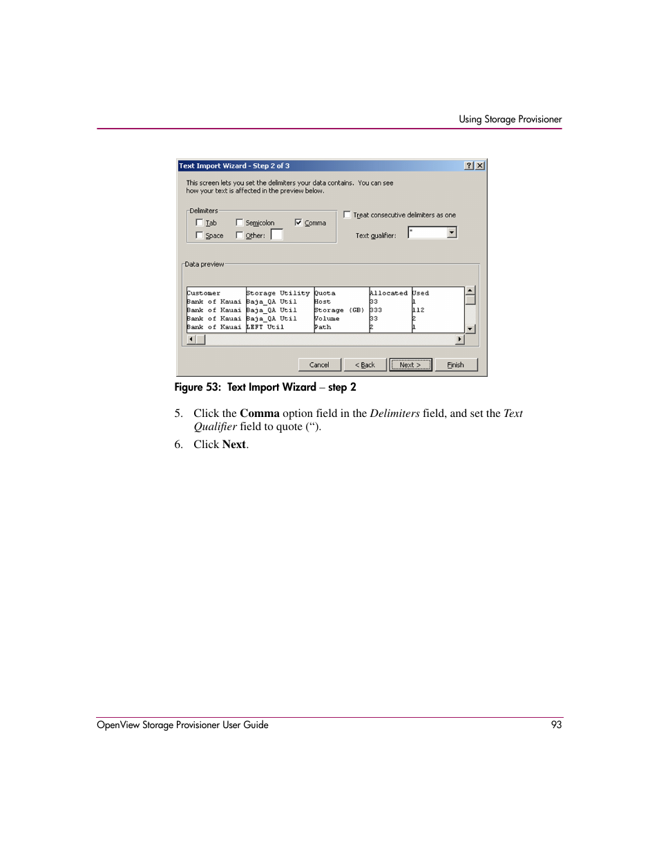 53 text import wizard – step 2 | HP OpenView Storage Provisioner Software License User Manual | Page 95 / 172