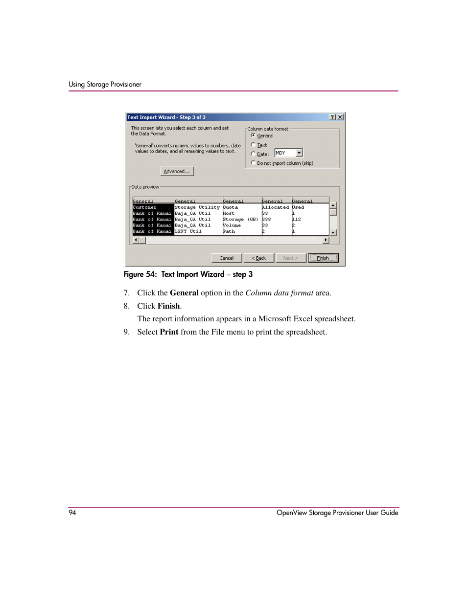 54 text import wizard – step 3 | HP OpenView Storage Provisioner Software License User Manual | Page 96 / 172