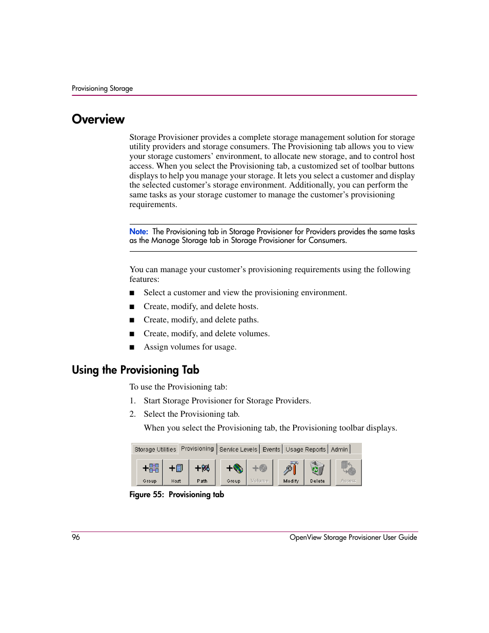 Overview, Using the provisioning tab, 55 provisioning tab | HP OpenView Storage Provisioner Software License User Manual | Page 98 / 172