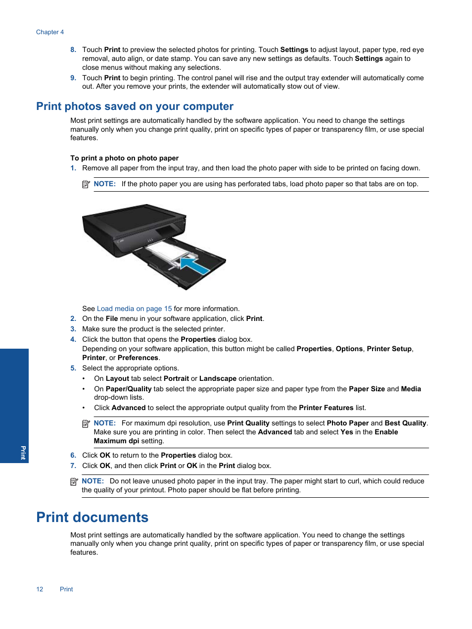 Print photos saved on your computer, Print documents | HP ENVY 120 e-All-in-One Printer User Manual | Page 14 / 62