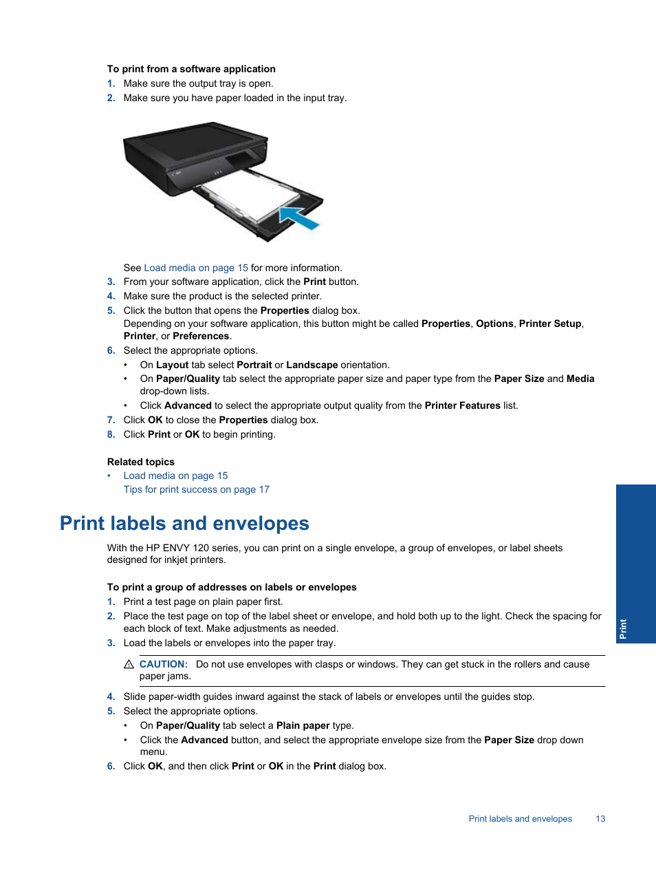 Print labels and envelopes | HP ENVY 120 e-All-in-One Printer User Manual | Page 15 / 62