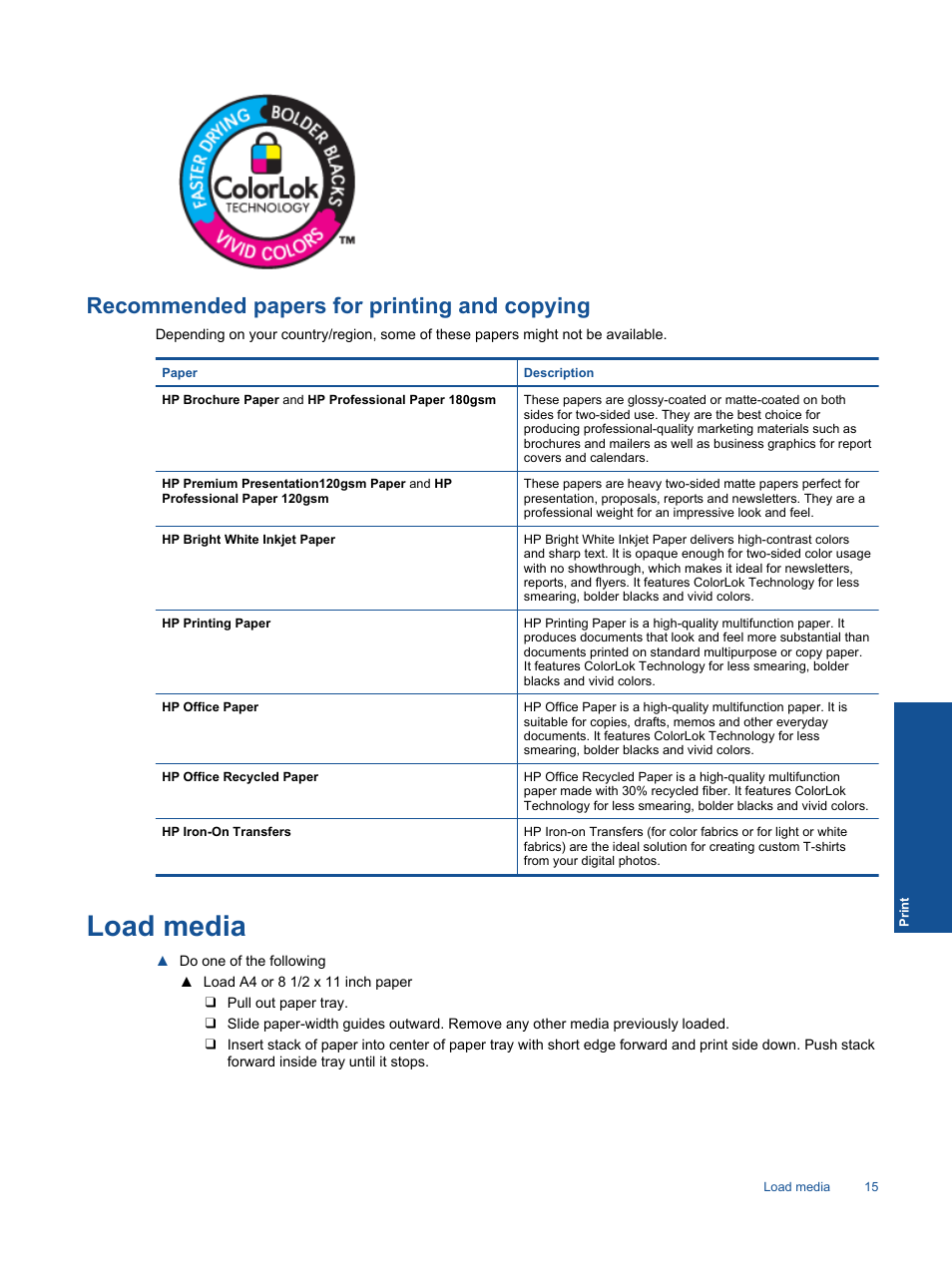 Recommended papers for printing and copying, Load media | HP ENVY 120 e-All-in-One Printer User Manual | Page 17 / 62